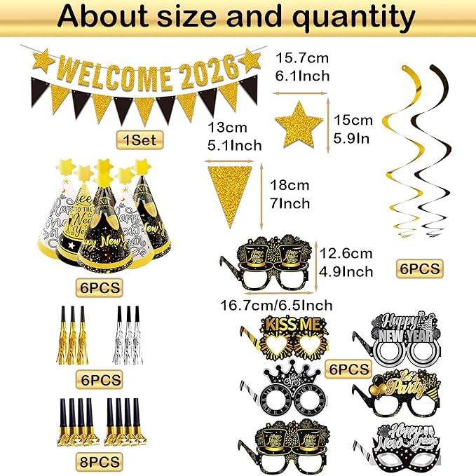 2026 New Years Eve Party Supplies Set, Large Happy New Year 2026 Background Banner, Party Cone Hats, Welcome 2026 Banner, 2026 New Years Eyeglasses and Party Blowers