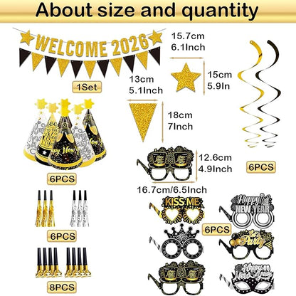 2026 New Years Eve Party Supplies Set, Large Happy New Year 2026 Background Banner, Party Cone Hats, Welcome 2026 Banner, 2026 New Years Eyeglasses and Party Blowers