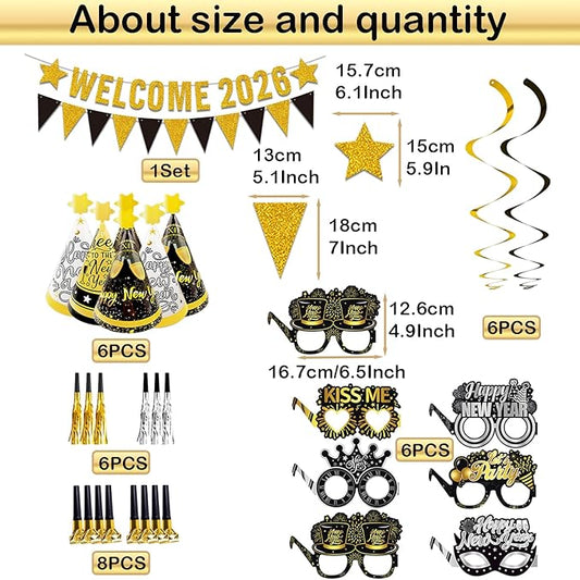 2026 New Years Eve Party Supplies Set, Large Happy New Year 2026 Background Banner, Party Cone Hats, Welcome 2026 Banner, 2026 New Years Eyeglasses and Party Blowers