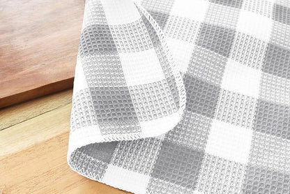 Waffle Weave Plaid Dish Cloths, 100% Cotton - 12 x 12 Inches, Ultra Soft Absorbent Quick Drying Dish Towels Buffalo Check Dish Rags for Kitchen, 8 Pack - Fall Thanksgiving - Grey & White