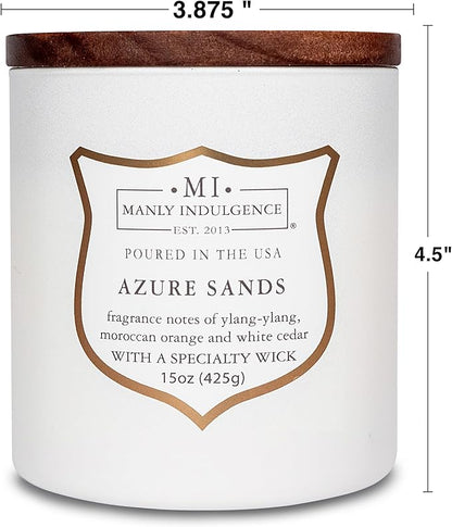 Manly Indulgence Azure Sands Scented Candles for Men, 15 oz Wooden Wick, Premium Soy Blend Wax, 60H Burn, Candles for Home Scented - Made in The USA