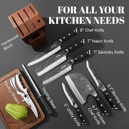 9 Pieces Knife Set with Block, Hand Forged High Carbon Steel Sharp Blade Cooking Knives Set with Holder for Kitchen, Block Chef Knife Set Professional, Best Gifts for Men Women