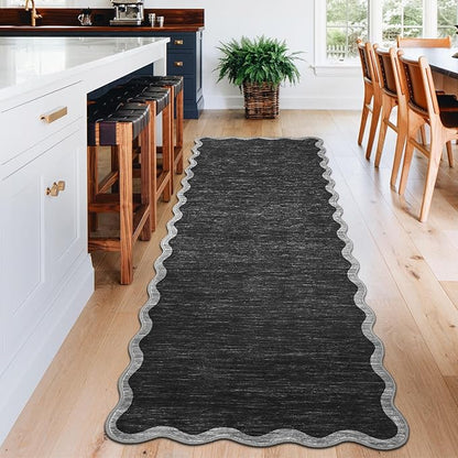 GarveeHome Scalloped Washable Runner Rug 2x6 Runner Modern Non Slip Kitchen Rugs Farmhouse Entryway Rug Soft Bathroom Rugs Stain Resistant Carpet for Laundry Bedroom 2 ft x6 ft Black