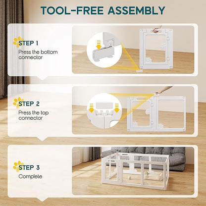 Albott Acrylic Clear Dog Playpen Indoor, Modular Puppy Cat Small Pet Play Pen with 2 Doors, Transparent Fence for Little Dogs, Cats, Rabbits, Easy Assemble and Disassemble, White (24" H, 10 pcs)