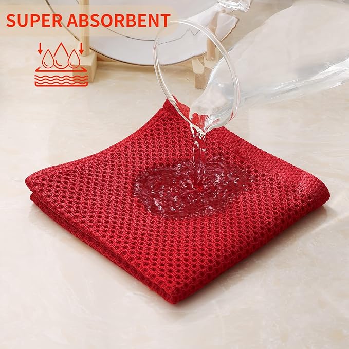 Kitinjoy 100% Cotton Kitchen Dish Cloths, 12 Pack Waffle Weave Ultra Soft Absorbent Dish Towels for Drying Dishes Quick Drying Kitchen Towels Dish Rags, 12 X 12Inch, Red