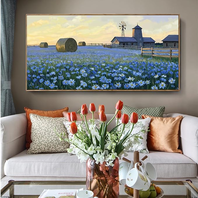 ARTZON Framed Oversized Living Room Wall Art Farmhouse Daisy Flower Barn Canvas Print Countryside Sunset Wildflower Landscape Picture Nature Rustic Blue Yellow Artwork for Bedroom Office Decor 58"×29"