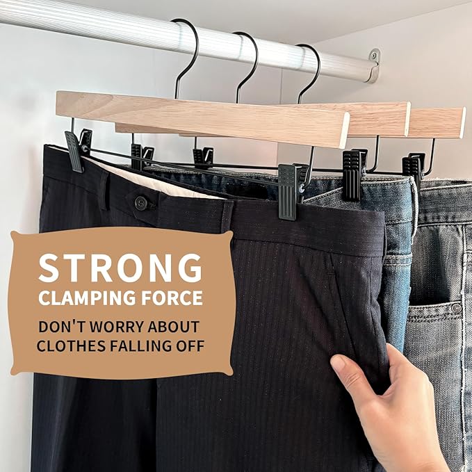 Nature Smile Deluxe Wooden Pants Hangers,Solid Rubber Wood Jeans Skirt Hanger Without Painting,with Adjustable Black Clips and Rotatable Hook,Pack of 10(Natural unvarnished)