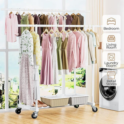 Abiglifty Clothes Rack for Hanging Clothes, Double Rods Clothing Rack with Wheels, Portable Closet for Laundry, Bedroom, White