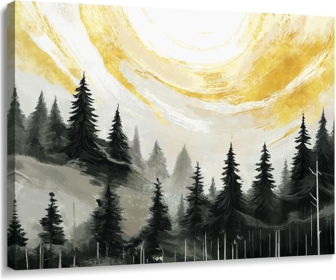 ARTZON Black Wall Art – Abstract Forest Sunrise Landscape Canvas Print, Mountain Retro Foggy Pine Tree Nature Picture, Vintage Decorative Small Moody Artwork for Bathroom or Bedroom, 16x12 Inch