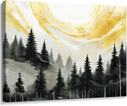ARTZON Black Wall Art – Abstract Forest Sunrise Landscape Canvas Print, Mountain Retro Foggy Pine Tree Nature Picture, Vintage Decorative Small Moody Artwork for Bathroom or Bedroom, 16x12 Inch