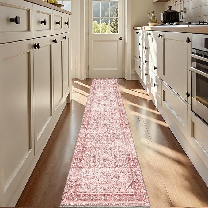 OPPODREAM Thin Vintage Pink 2x12 Runner Rug, 2 x 12 Retro Washable Rug Non Slip, Low-Pile Faux Wool Carpet, Distressed Floor Mat for Kitchen, Hallway, Entry-Way, Entrance, Indoor Back Door