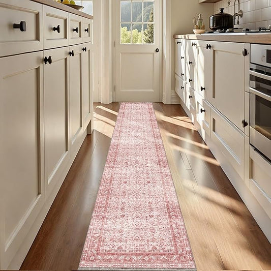 OPPODREAM Thin Vintage Pink 2x12 Runner Rug, 2 x 12 Retro Washable Rug Non Slip, Low-Pile Faux Wool Carpet, Distressed Floor Mat for Kitchen, Hallway, Entry-Way, Entrance, Indoor Back Door