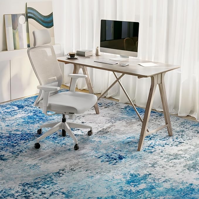 10x14 Area Rugs Living Room Rug - Washable Neutral Modern Abstract Large No Slip Soft Thin Rug Indoor Floor Carpet for Bedroom Under Dining Table Home Office Nursery Room - Blue White