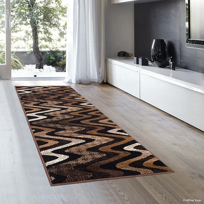 Allstar 2x7 Chocolate and Mocha Modern and Contemporary Runner with Ivory and Espresso Wavy Zigzag Design (1' 11" x 6' 11")