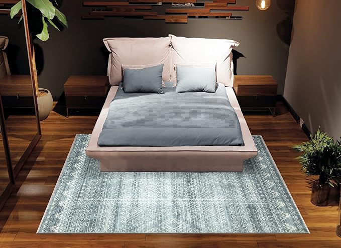 Bloom Rugs Caria Washable Non-Slip 6x9 Rug - Teal/Ivory Geometric Area Rug for Living Room, Bedroom, Dining Room, and Kitchen - Exact Size: 6' x 9'