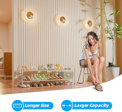 2 Tier Shoe Rack for Closet, 44 Inch Extra Long Shoe Storage Organizer for Shelves, Heavy Duty Metal, Easy Assembly, White