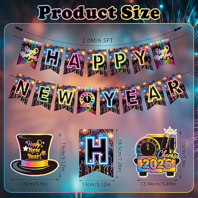 Colorful Happy New Year Banner & Hanging Swirls, Neon Themed 2026 Happy New Years Paper Banner Ceiling Swirl Streamers for New Years Eve Party Supplies