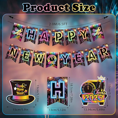 Colorful Happy New Year Banner & Hanging Swirls, Neon Themed 2026 Happy New Years Paper Banner Ceiling Swirl Streamers for New Years Eve Party Supplies