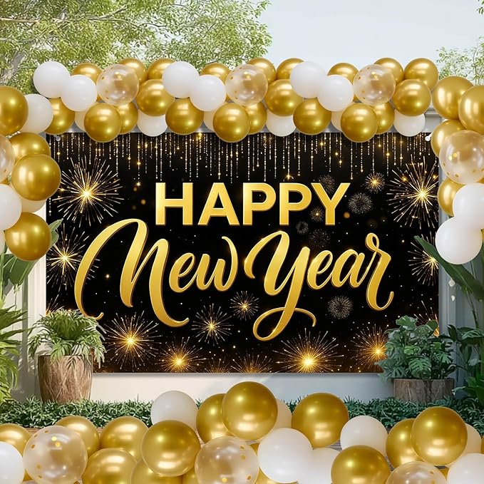 Happy New Year Backdrop Black and Gold Fireworks Banner Glitter Photography Background 71x43 Inches Indoor Outdoor Party Decoration New Year Eve Celebration Supplies
