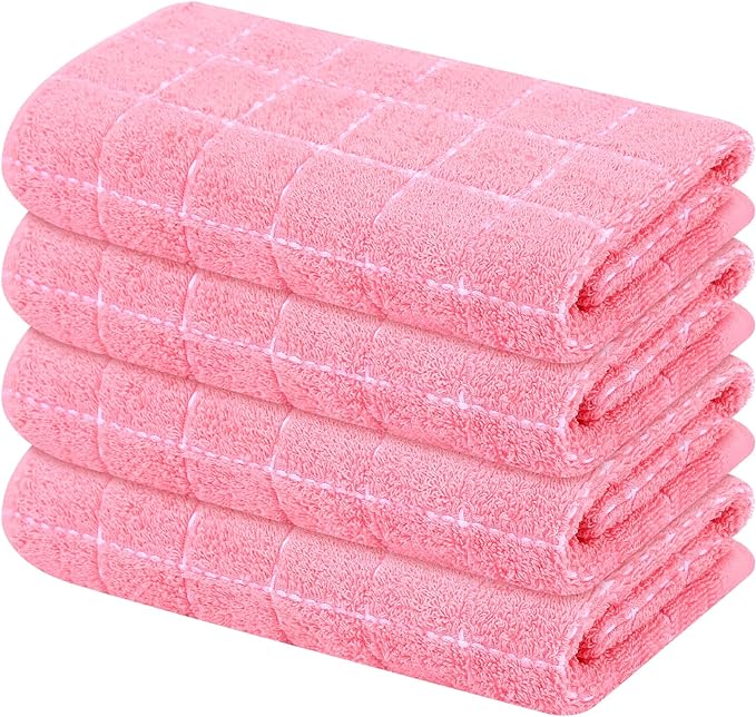 Mordimy 100% Cotton Terry Cloth Kitchen Towels, Super Soft and Absorbent Dish Towels for Drying, Checkered Designed Hand Towels for Kitchen, 16 x 26 Inches, 4 Pack, Pink
