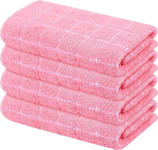 Mordimy 100% Cotton Terry Cloth Kitchen Towels, Super Soft and Absorbent Dish Towels for Drying, Checkered Designed Hand Towels for Kitchen, 16 x 26 Inches, 4 Pack, Pink