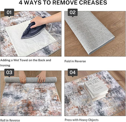 Modern Abstract Runner Rug 2x6, Grey Orange Multi Washable Kitchen Runner Non-Slip Soft Hallway Rug Runner Thin Print Faux Wool Carpet for Entryway Bedroom Laundry Room Indoor Home Decor