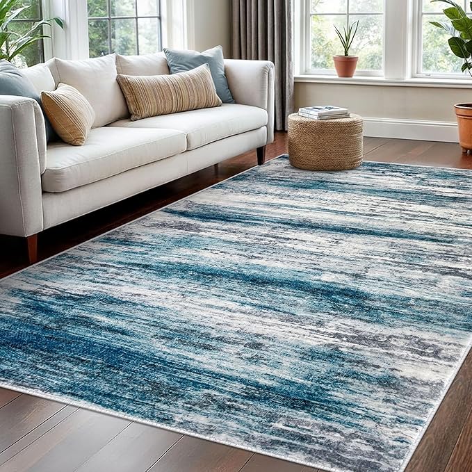 KOZYFLY Washable Area Rug 5x7 Modern Ombre Living Room Thin Rug Non-Slip Soft Striped Rug for Bedroom, Print Blue Abstract Carpet for Laundry Kid Room