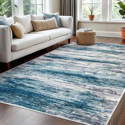 KOZYFLY Washable Area Rug 5x7 Modern Ombre Living Room Thin Rug Non-Slip Soft Striped Rug for Bedroom, Print Blue Abstract Carpet for Laundry Kid Room