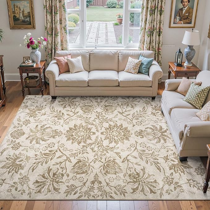 jinchan Floral 8x10 Area Rugs, Vintage-Inspired Neutral Design Accent Living Room Rug, Machine Washable Ultra-Thin Low-Pile Non-Slip Traditional Carpet for Bedroom Dining Room Home Office, Taupe