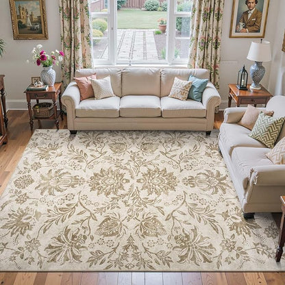 jinchan Floral 8x10 Area Rugs, Vintage-Inspired Neutral Design Accent Living Room Rug, Machine Washable Ultra-Thin Low-Pile Non-Slip Traditional Carpet for Bedroom Dining Room Home Office, Taupe