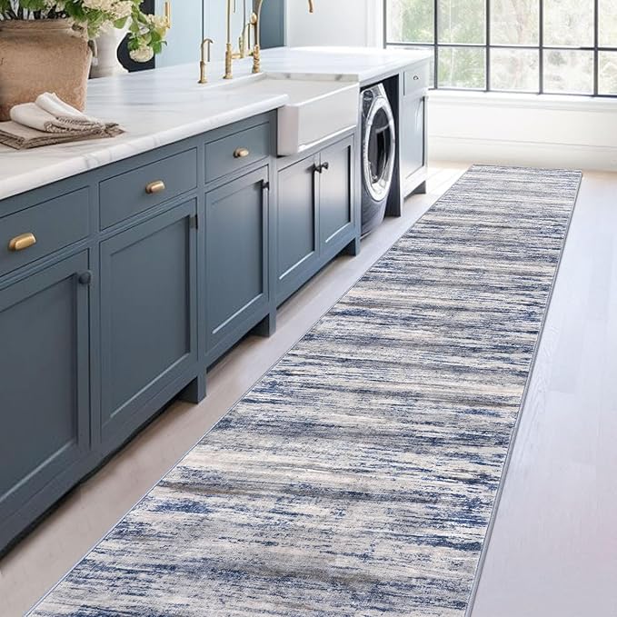 KOZYFLY Modern Abstract Washable Rug Runner 2.6x16 Hallway Rug Runner Non-Slip Soft Kitchen Runner Rugs, Grey-Blue Striped Carpet for Entryway Bathroom Laundry Room Foyer