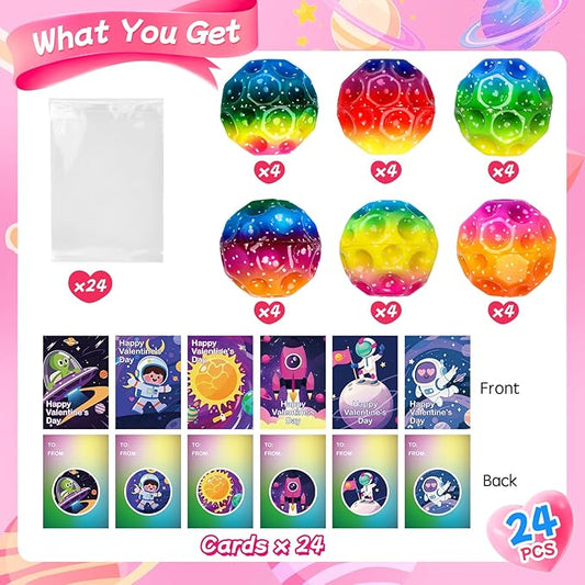 24 Pcs Valentine’s Day Gift Moon Bouncy Balls Bulk with Cards Multicolored Stress Space Balls Party Favors School Classroom Exchanges Goodie Bags Outdoor Sport Toys for Toddlers Boys Girls Kids Teens