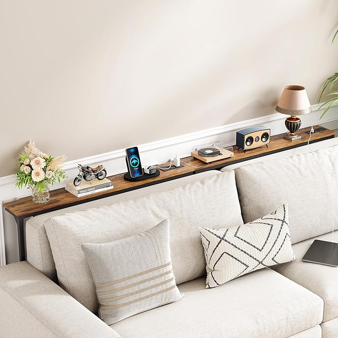 Kitstorack 2-Pack Narrow Console Table with Adjustable Height (25"-33") & 2 Power Outlets, Skinny Behind Couch Table, 79" Long x 5.9" Wide Sofa Side Table for Living Room, Rustic Brown | 2-Pack, Behind Sofa Couch