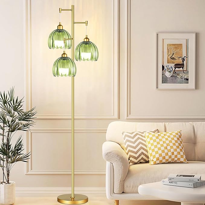 Modern Floor Lamp for Living Room Bedroom-3 Light Gold Floor Lamp with Glass Lampshape, Flower Tall Lamp Glass Standing Lamp Tree Green Floor Lamps for Living Room Bedroom,Corner