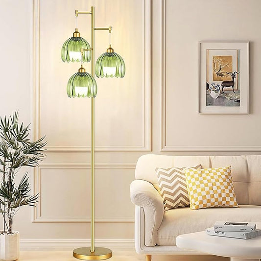 Modern Floor Lamp for Living Room Bedroom-3 Light Gold Floor Lamp with Glass Lampshape, Flower Tall Lamp Glass Standing Lamp Tree Green Floor Lamps for Living Room Bedroom,Corner