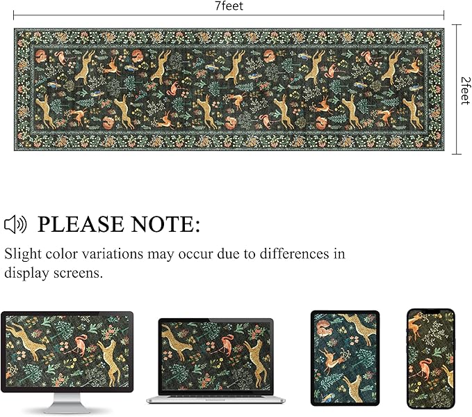 DUKINO Runner Rug, 2x7 Washable Kitchen Rugs for Hallways with Non Slip Backing, Soft Low Pile Vintage Animal Runner for Kitchen, Hallway, Entryway, Laundry, Bedroom, Black