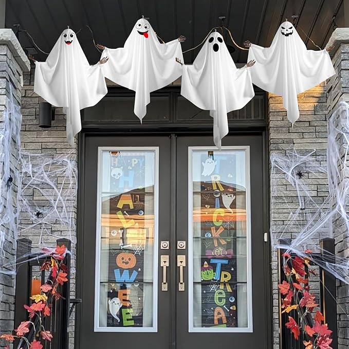 4PCS Hanging Ghosts Halloween Decorations With Skeleton Hands, Spooky & Cute Expression for Front Porch and Tree