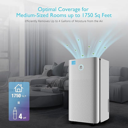 Ukoke 32 Pint Dehumidifier for 1750 Sq. Ft – Energy Star Most Efficient, Auto Drain, 3 Smart Modes, Quiet Operation, Portable Moisture Remover for Medium Rooms, Basements, Bedrooms, RVs