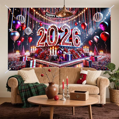 Nuxovilar Happy New Year Banner, 2026 Stage Lights Backdrop for Party Decorations, 71x43 Inch
