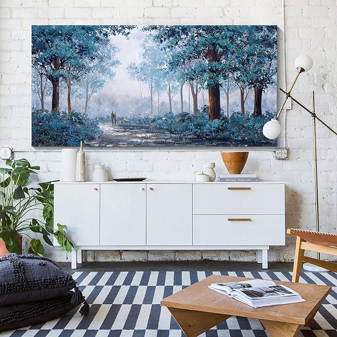KLAKLA Prussian Blue Wall Art - Vibrant Color Matching - Multi-layered Paint Overlay Effect & 24x48 inch Blue Leaves Plant Forest Picture Artwork Living Room Wall Decor