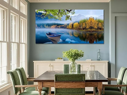 Arjun Lake Canvas Wall Art Blue Mountain Sky Nature Landscape Picture Boat Artwork Modern Scenic Painting Framed Large for Living Room Bedroom Dining Room Home Office Wall Decor 48"x24"