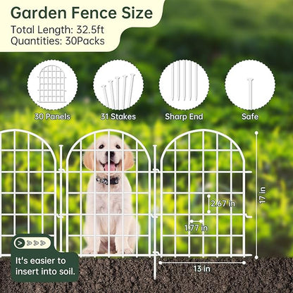 32.5ft(L) x 22in(H) Panels Garden Fence, 30 Panels Arched No Dig Fence, Decorative Animal Barrier Fencing with Ground Stake, Rustproof Metal Garden Edging Border for Dog, Outdoor Patio Decor, White