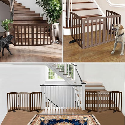 ZJSF Foldable Freestanding Indoor Dog Gate for House Wood Long Pet Gates Dog Fence for Stairs Puppy Gates for Hallways, Puppy Gate,Support Feet Included, Brown, 32 "Height-2 Panels