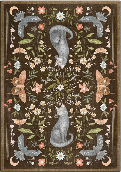 GarveeHome 4x6 Cat Washable Area Rug for Nursery Room, Mushroom Floral Brown Bedroom Rug Non Slip Low Pile Butterfly Carpet Stain Resistant Throw Rug for Dorm Kids Room Office Dining Room
