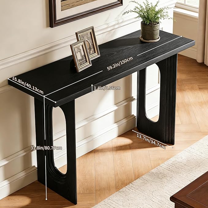 59.2" Entryway Table,Fluted Console Table Modern Farmhouse,Widen Sofa Tables Behind The Couch,Wooden Side Console Table Hollow Support Legs for Living Room/Hallway/Entry Way/Foyer Black
