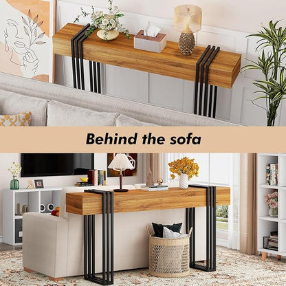 63 Inch Long Console Table, Industrial Sofa Table Behind The Couch Rectangular Entryway Table for Entrance Hallway Living Room, Rustic Brown