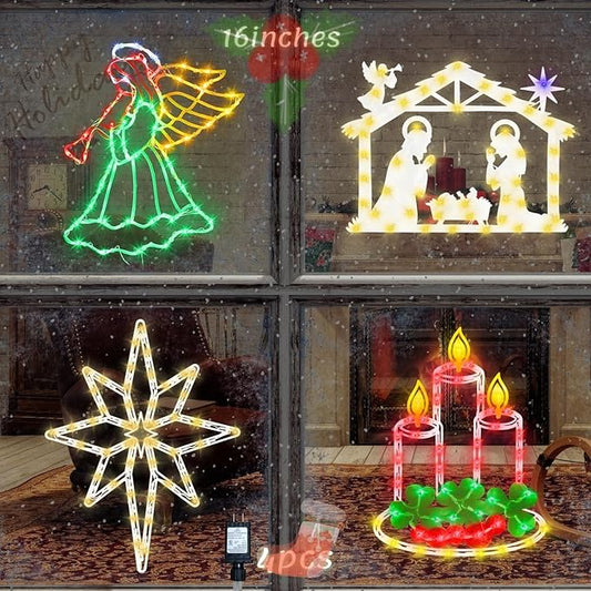 16" Christmas Window Silhouette Lights Decorations - 4 Pack Colour Lighted Angel ＆ Nativity ＆ Candle ＆ Bethlehem Star for Holiday Wall Door Window Decorate