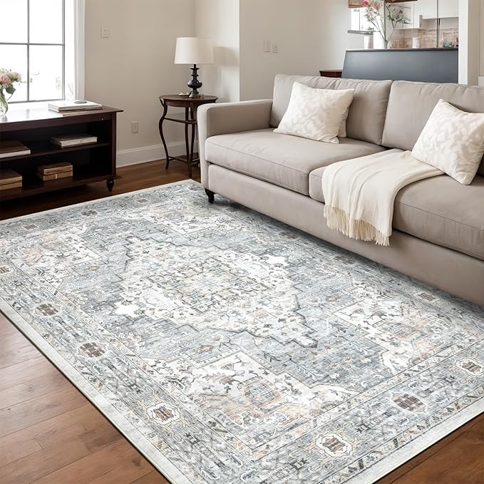 Area Rug 6×9 Washable Rugs for Bedroom, Vintage Floral Rug Soft Non Slip Stain Resistant Carpet for Living Room Dinning Room Kitchen Home Office Blue Green Multi