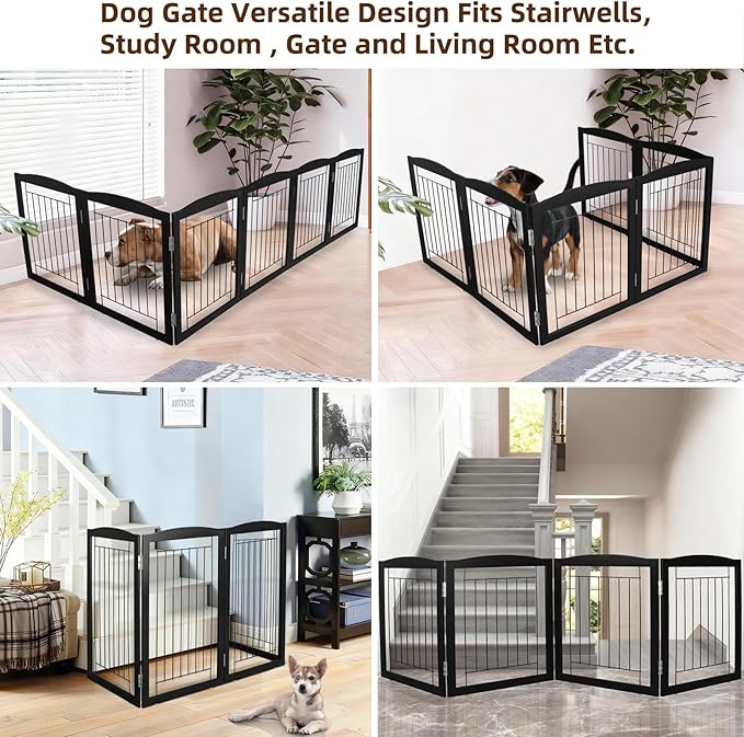 ZJSF Freestanding Foldable Dog Gate for House Extra Wide Wooden Black Indoor Puppy Gate Stairs Dog Gates Doorways Tall Pet Gate 6 Panels Fence
