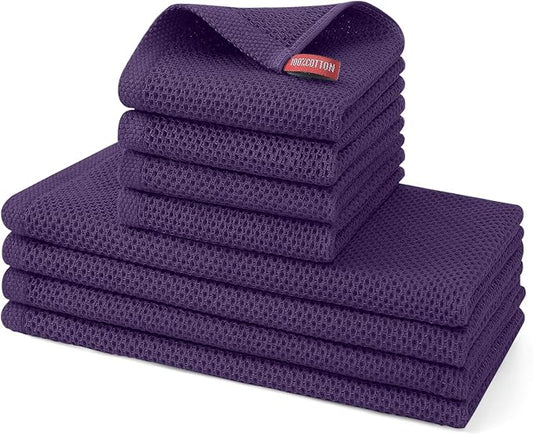 Kitinjoy 100% Cotton Kitchen Towels and Dishcloths Set, 8 Pack Waffle Weave Dish Towels Ultra Soft Absorbent Quick Drying Dish Rags, 13 x 28 Inch and 12 X 12 Inch, Eggplant